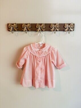Size 12 Month Peaches n Creams Pink Cotton Baby Dress Long Sleeve Polka Dot Baby